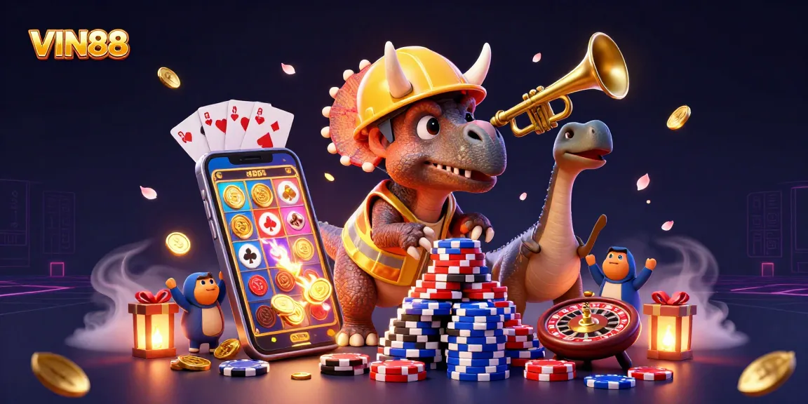 VIN88 showcases a vibrant 3D casino scene with a triceratops and gaming elements bursting with excitement.