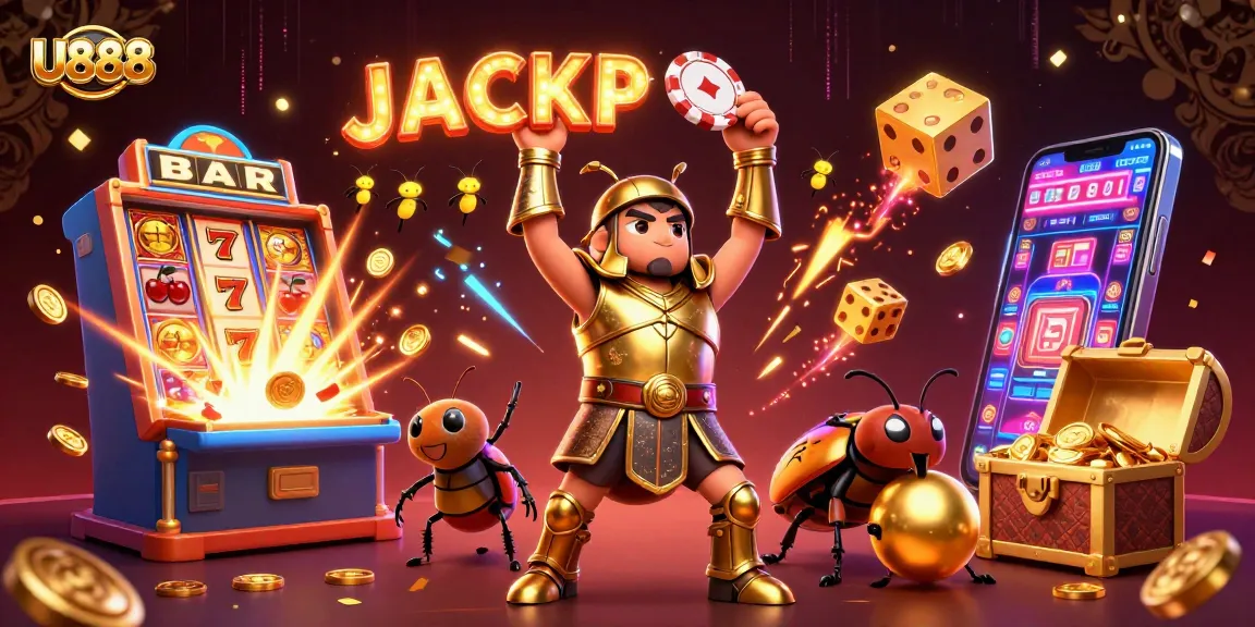 Experience the thrilling casino excitement with U888's vibrant jackpot celebration featuring 3D characters and games.