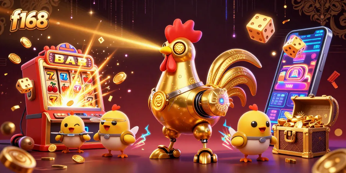Engage with f168's vibrant gaming experience featuring a golden rooster robot and dazzling slot mechanics.