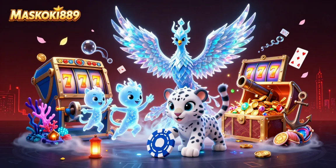 Experience thrilling slots with MASKOKI889 amidst a vibrant 3D casino scene with dazzling characters and gameplay elements.