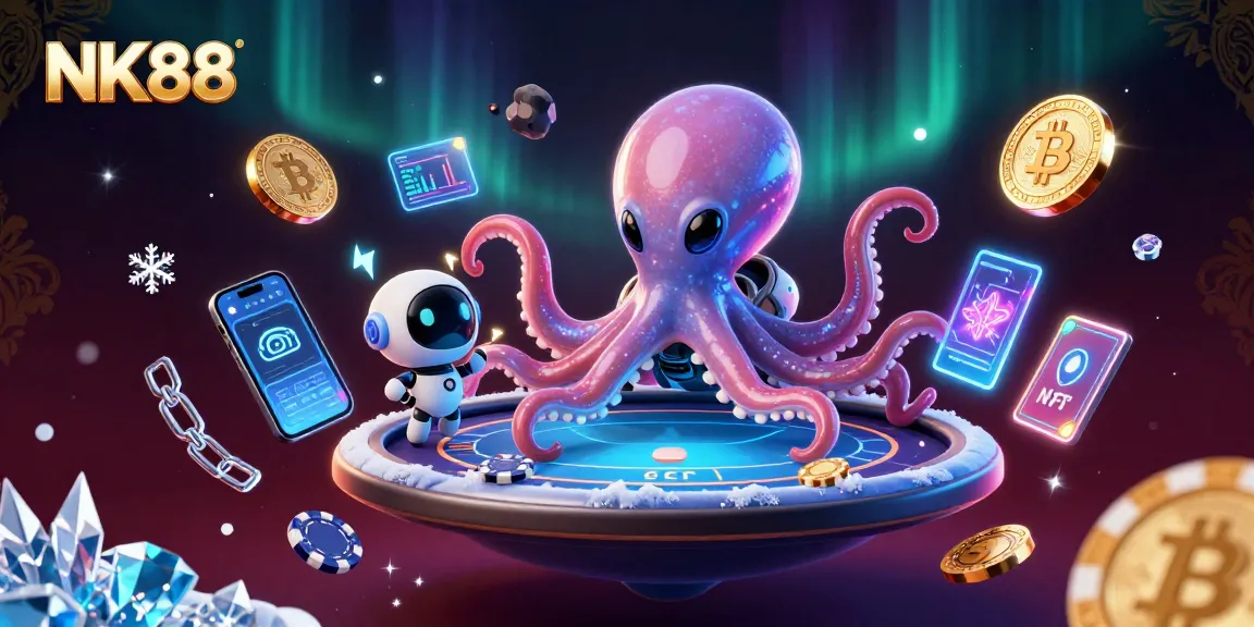 Engage with NK88's thrilling poker scene featuring an alien octopus and neon crypto elements.