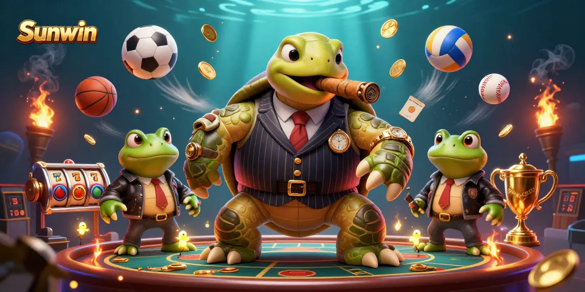 Sunwin brings thrilling action with a cartoon turtle and bullfrogs in a casino atmosphere, showcasing exciting gaming elements.