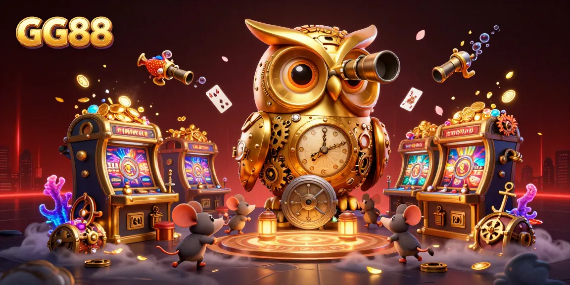 Experience GG88 in this lively casino scene with a golden owl and vibrant slot machines.