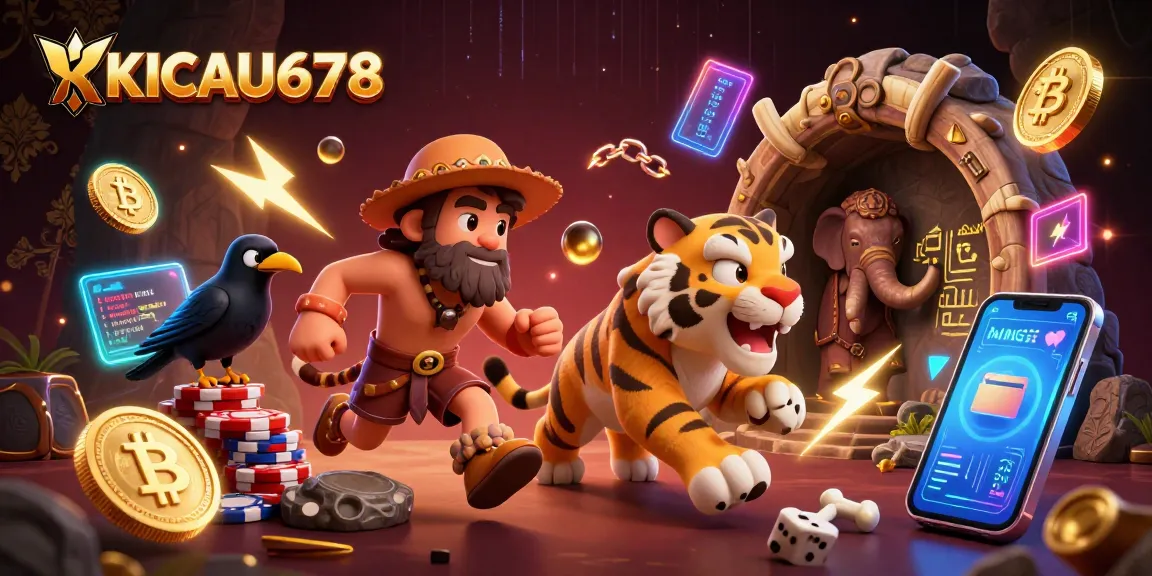 KICAU678 invites players to enjoy thrilling wins at a prehistoric casino featuring cartoon characters and crypto elements.