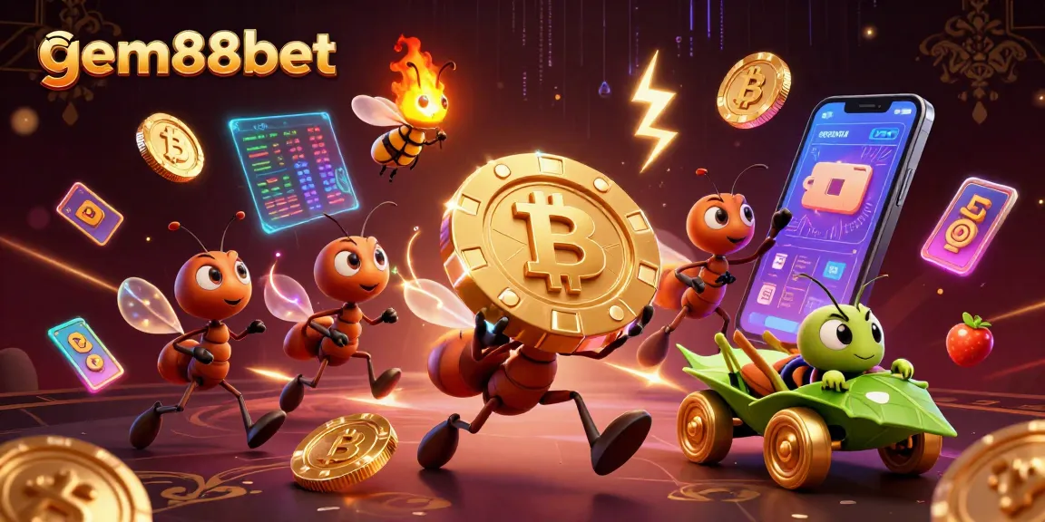 Join the fun at gem88bet with ants heisting a giant poker chip amidst crypto elements.