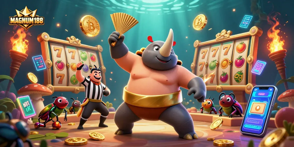 Experience the excitement of MAGNUM188 with thrilling slot gameplay featuring vibrant characters and crypto elements.
