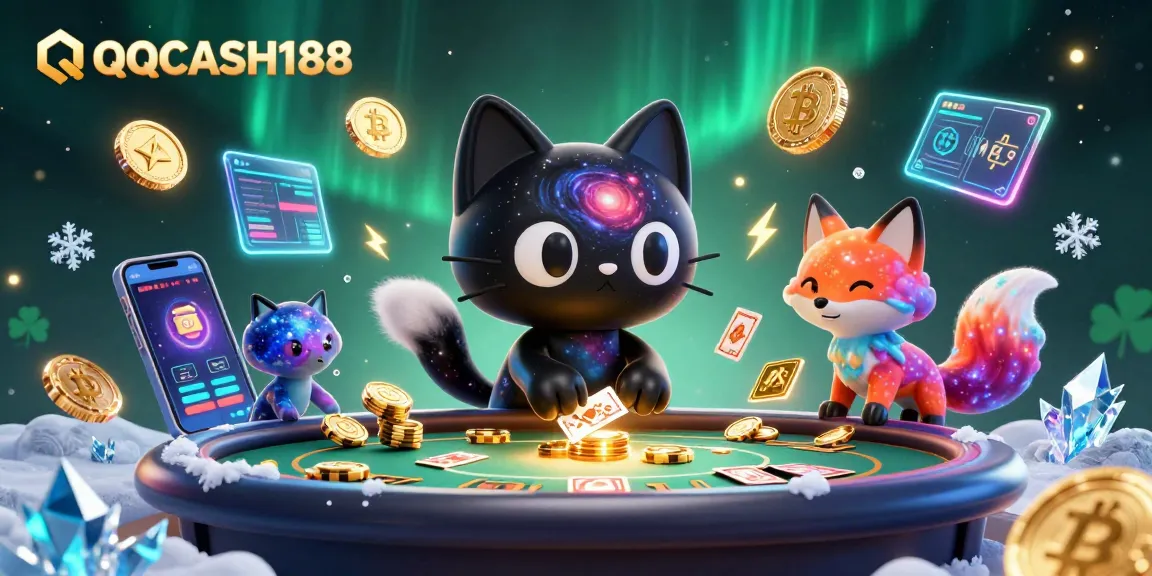Play with QQCASH188 in a vibrant cosmic casino featuring animated characters and crypto elements.
