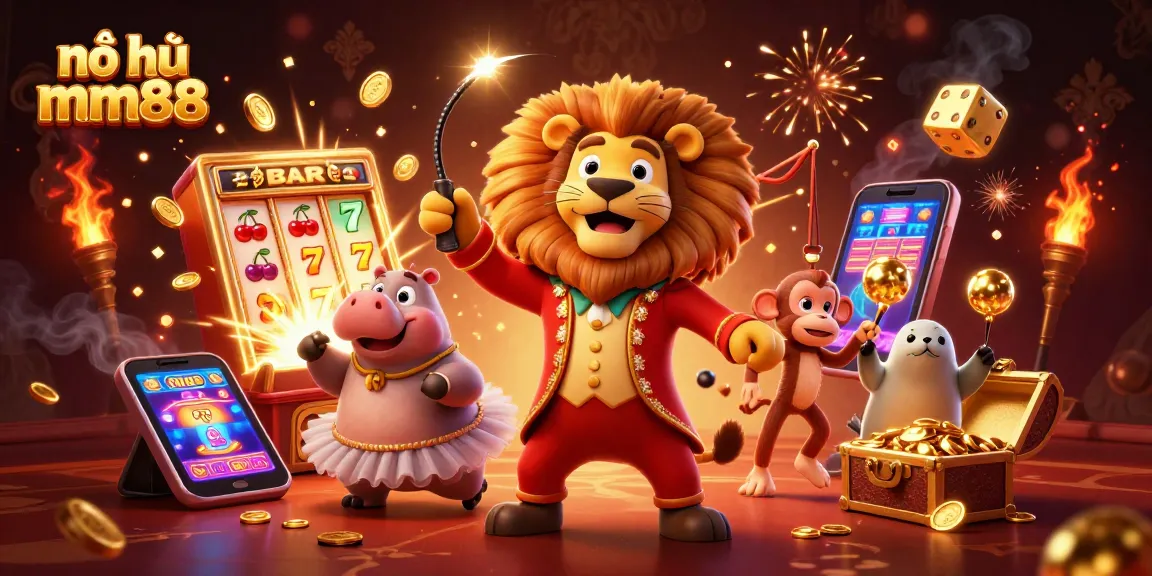 Play nổ hũ mm88 to win thrilling rewards with an exciting circus-themed illustration.