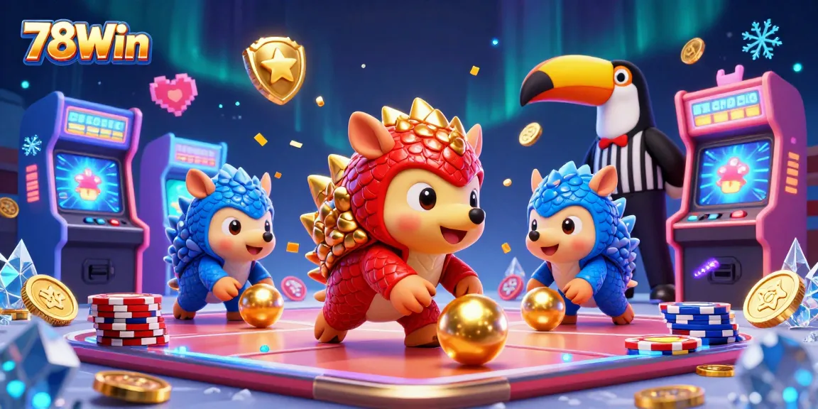 Experience 78Win with lively pangolins competing at a casino-themed arcade.