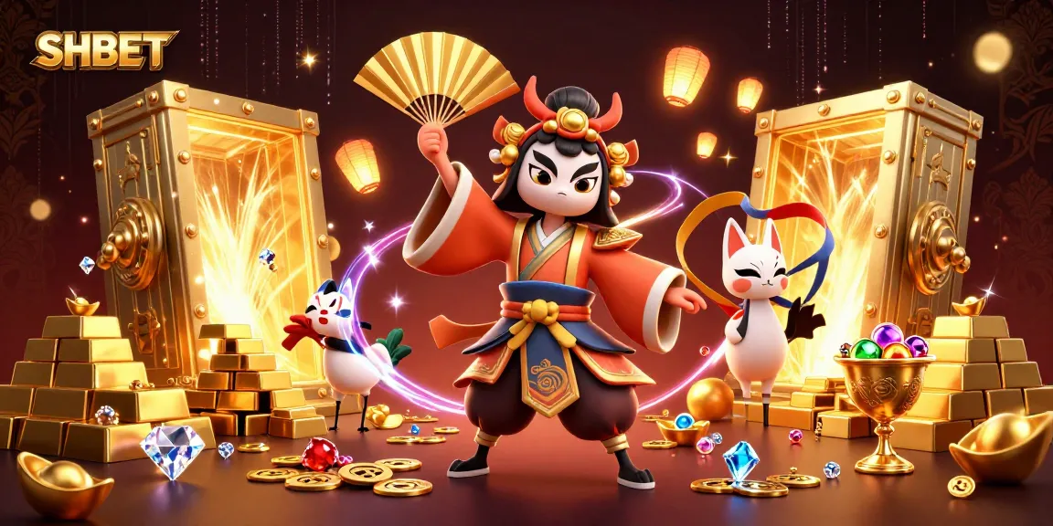 Experience the thrill of gaming at SHBET with vibrant characters and 3D treasures in an ultra-detailed casino illustration.