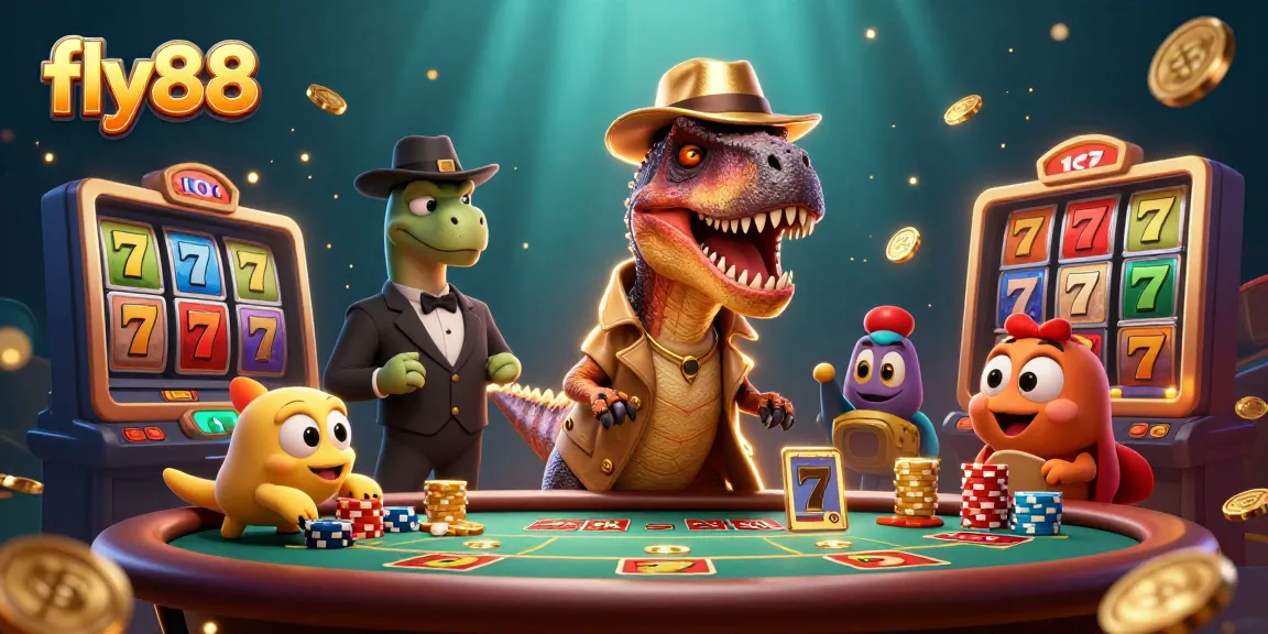 Fly88 showcases exciting gameplay with a velociraptor at a blackjack table in this colorful casino scene.
