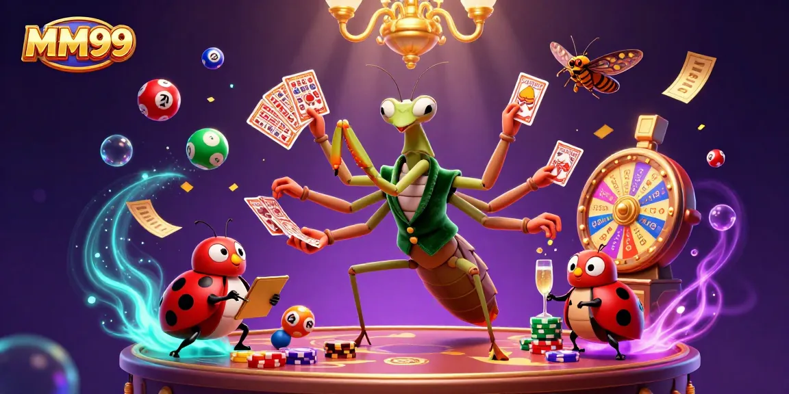 Engage in MM99's thrilling games with vibrant visuals of a praying mantis dealer and colorful lottery elements.