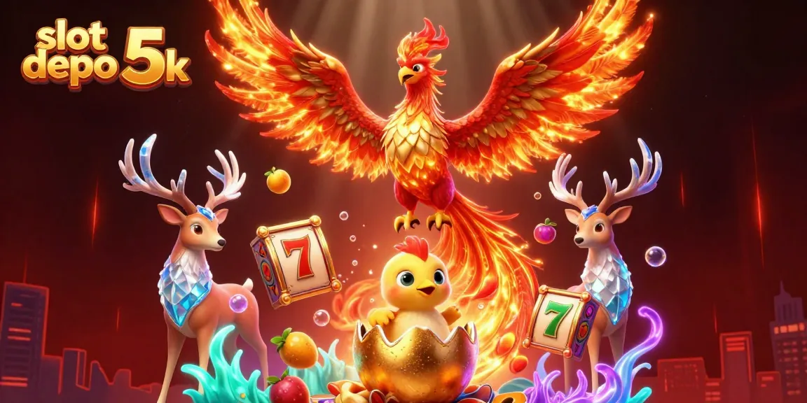Engage with slot depo 5k in a captivating scene of winning possibilities, featuring a vibrant phoenix and dynamic casino elements.