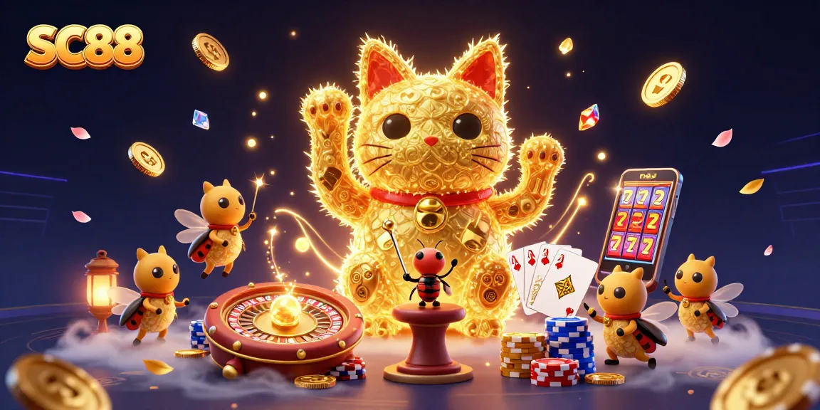 SC88 players engaging with vibrant casino elements in a dynamic 3D illustration.