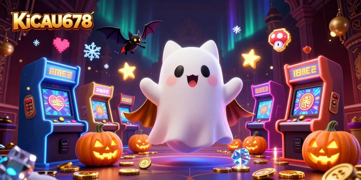 KICAU678 showcases a haunted casino scene with a playful ghost cat and vampire bat amidst Halloween-themed games.