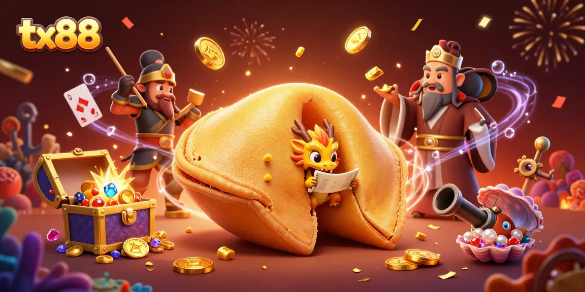 Win big at tx88 with a vibrant 3D illustration showcasing fortune cookies, dragons, and casino elements.