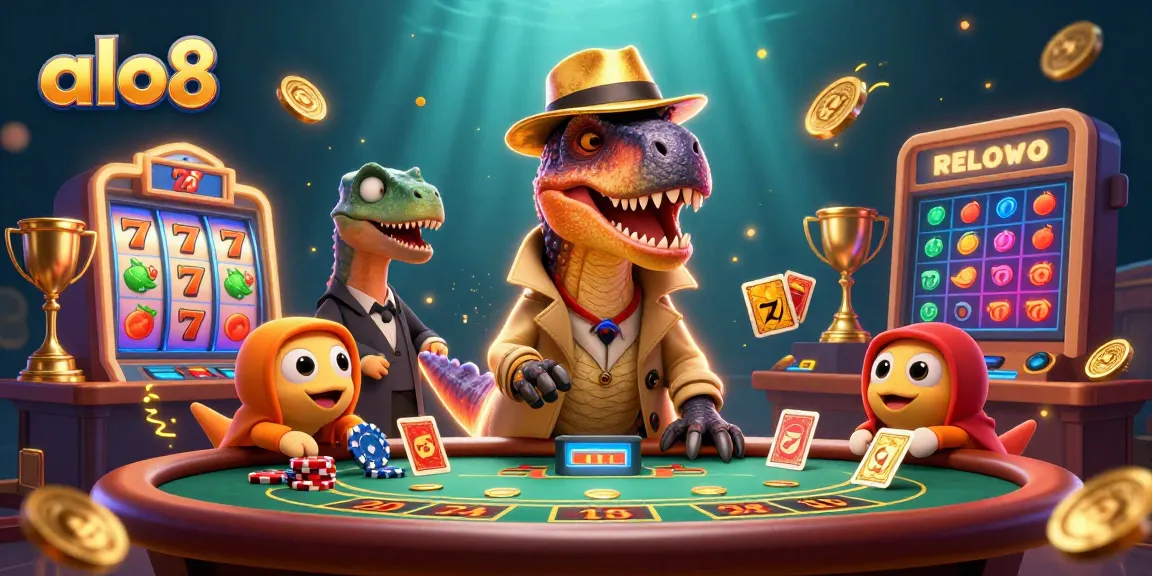 Experience alo8's exciting blackjack scene with a velociraptor card counter, hidden surprises, and vibrant gaming elements.