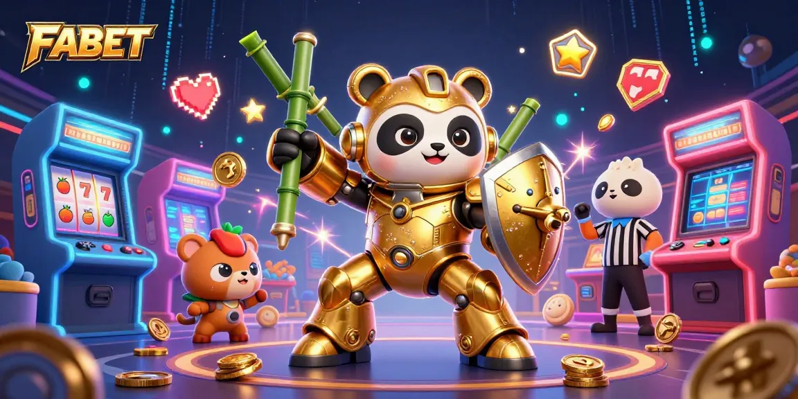 FABET showcases thrilling casino excitement with golden panda, arcade games, and vibrant energy.