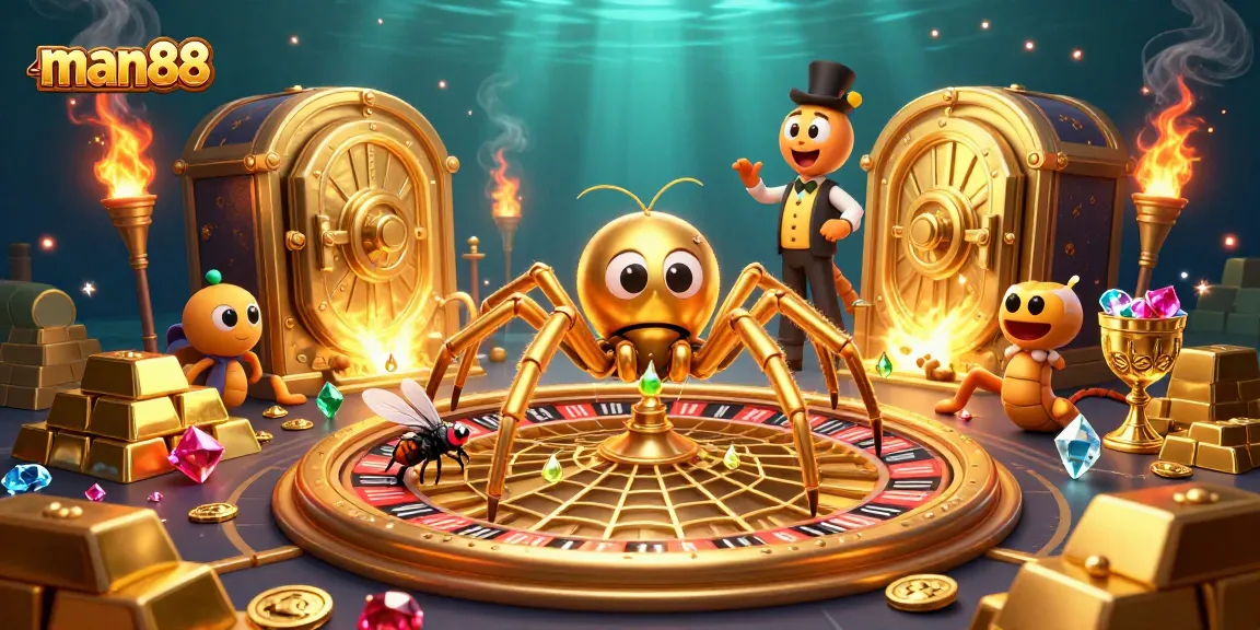 Experience high-stakes betting with man88's vibrant roulette-themed scene featuring a golden spider and centipede croupier.
