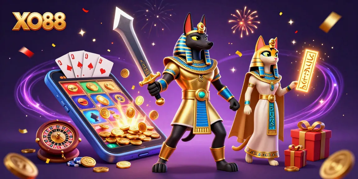 Win big with XO88's vibrant gaming scene featuring Anubis and Bastet.