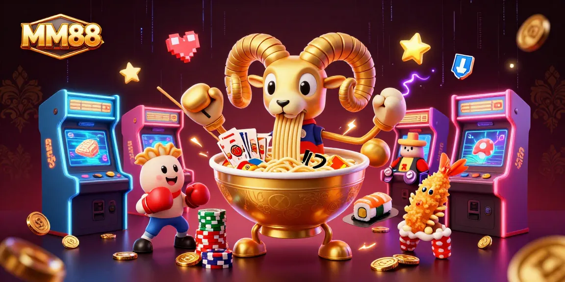 Engage with MM88's vibrant 3D gambling experience featuring a golden ramen bowl and dynamic characters.
