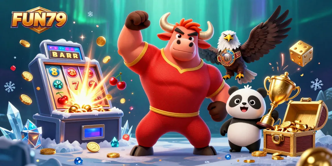 Experience the excitement of FUN79 with a jackpot explosion and vibrant characters celebrating wins.