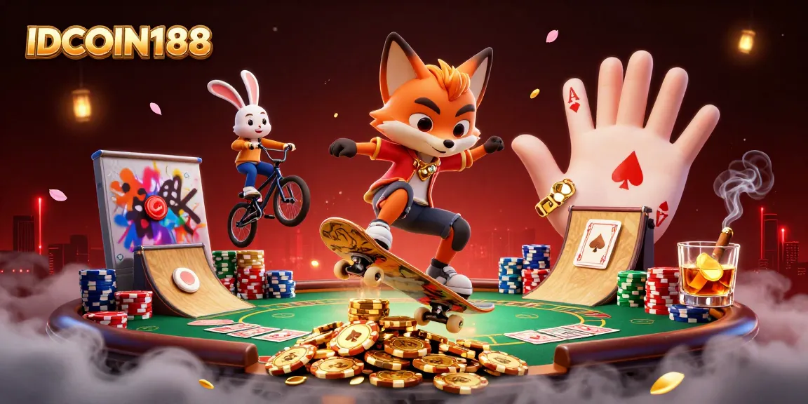 Engaging IDCOIN188 scene with skateboarder fox and BMX rabbit amidst poker and casino symbols