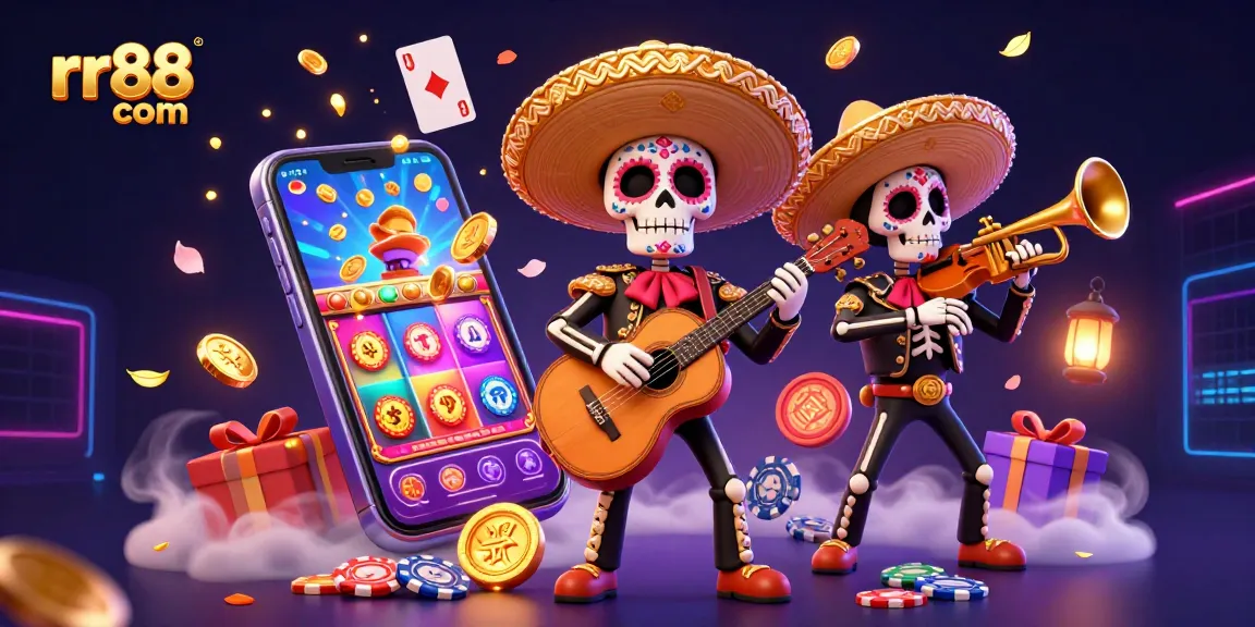 Spin thrilling games on rr88 com with 3D mariachi characters in a vibrant casino scene.