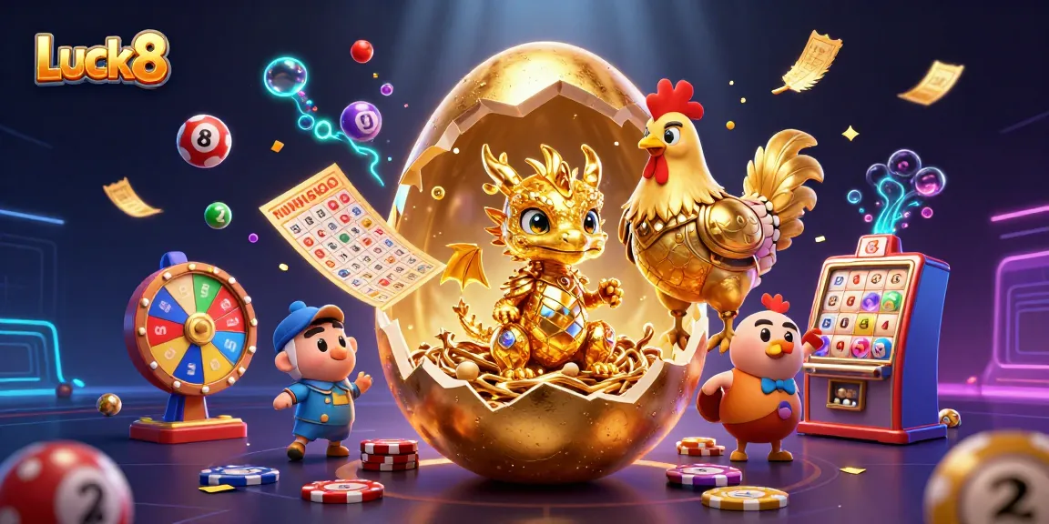 Experience Luck8's excitement with a golden dragon emerging from poker chips amidst vibrant lottery elements.