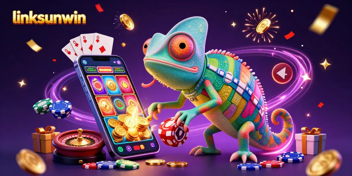 Experience thrilling gameplay with linksunwin's vibrant 3D chameleon casino owner amidst slot games and winning symbols.