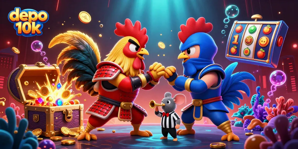 Engage in thrilling gameplay at deposito 10k with 3D roosters in an exciting standoff, featuring vibrant casino elements.