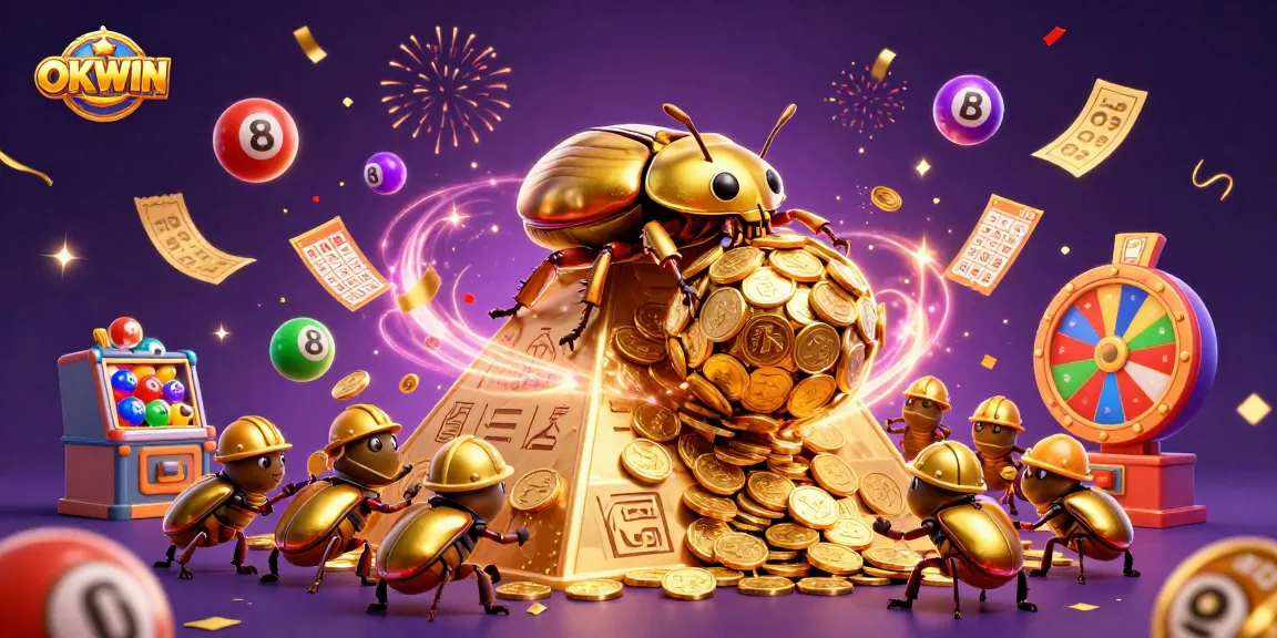 Join the fun with OKWIN's vibrant lottery and casino elements amidst golden celebrations.